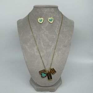 Stainless Steel Gold Love Necklace and Earring Set In Tiffany Blue